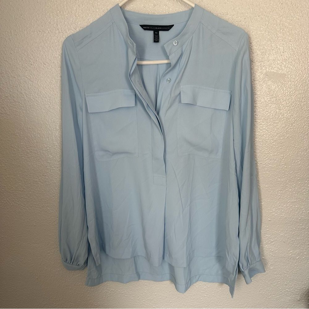 White House Black Market Baby Blue Long Sleeve Blouse Office Business Woman XS